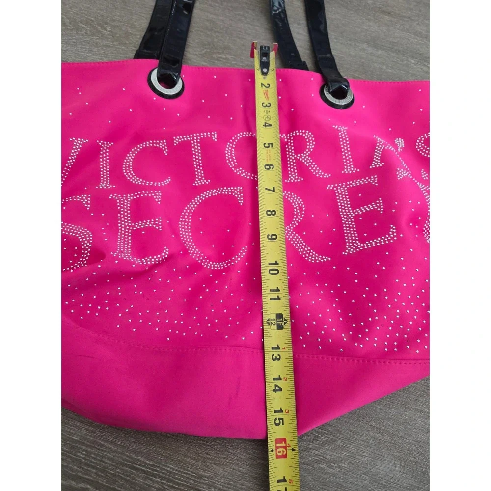 Victorias Secret Hot Pink Rhinestone Logo Tote Bag Black Patent Handles Large